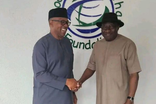 Peter Obi in a handshake with Goodluck Jonathan